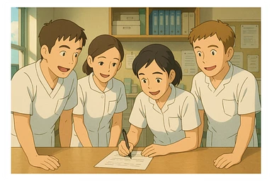 Team scene of four nursing students, faces inspired by four new photos, collaborative atmosphere in a care station, white short-sleeve medical tunics with V-neck and left chest pocket, no collar stand, no stethoscopes, nothing protruding from sleeves, style Ghibli sticker