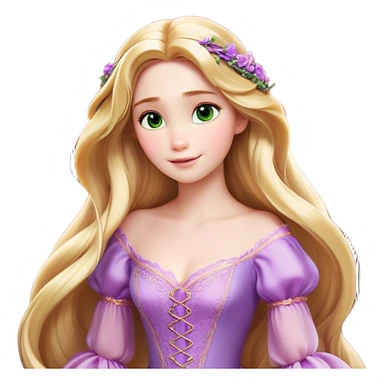 Cinematic Realistic Rapunzel Portrait, with porcelain-like skin featuring a subtle, natural glow, illuminated by soft lighting that brings out the gentle contours of her face. Her long, golden blonde hair cascades in detailed waves, each strand highlighted with a radiant shimmer as it catches the light. She playfully holds a flower in one hand, her other hand resting casually in her lap, with a warm and spirited expression. Her bright, expressive green eyes exude curiosity and warmth, framed by delicate lashes and soft, arched brows. She is dressed in her classic lavender and pink gown, the fabric textured with delicate folds that flow naturally, catching the light with a soft, radiant glow. The portrait captures a luminous, enchanting aura, seamlessly blending realism with a whimsical, fairytale charm, evoking a timeless sense of beauty and magic. sticker