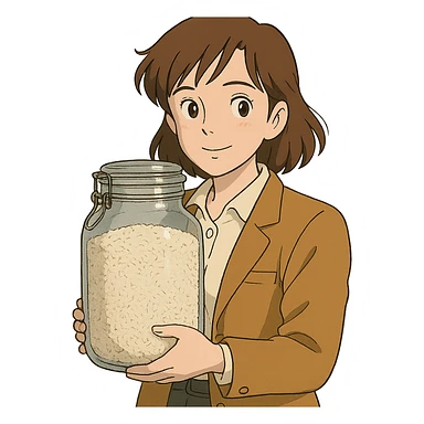 designer woman with brown hair holding a big glass jar of rice in ghibli style sticker
