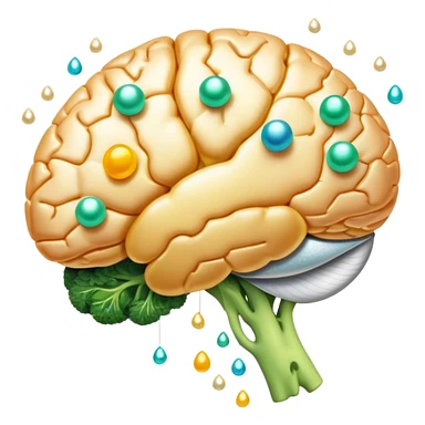Glowing brain and liver connected by a pearlescent capsule, surrounded by choline-rich foods: eggs, liver, fish, and broccoli. Golden waves showing neural connections flow from the brain, with all elements having an ethereal glow representing cognitive benefits. sticker