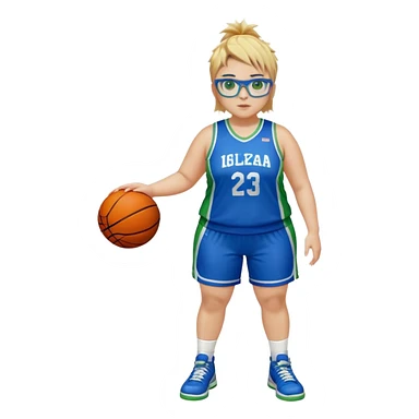 Full Body white plus size Girl with basketball spikey short brown and blonde hair  wearing blue glasses with green eyes wearing basketball uniform sticker