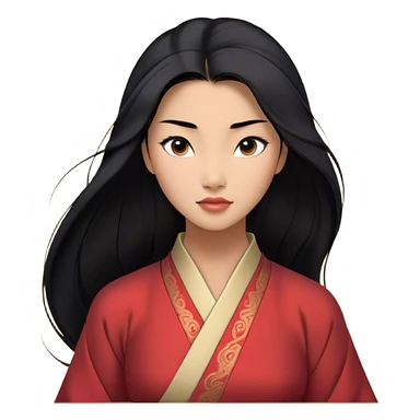 Cinematic Realistic Mulan Portrait, depicted with lifelike skin texture, soft natural lighting, and intricately detailed long black hair styled elegantly. Her deep, expressive eyes exude determination and grace, complemented by a serene yet confident expression. She is dressed in her classic attire, with rich fabric textures and delicate folds that catch the light beautifully. The portrait features a soft, enchanting glow with a natural, radiant finish, capturing the essence of timeless strength and beauty in a realistic and painterly style, evoking a sense of depth and authenticity. sticker