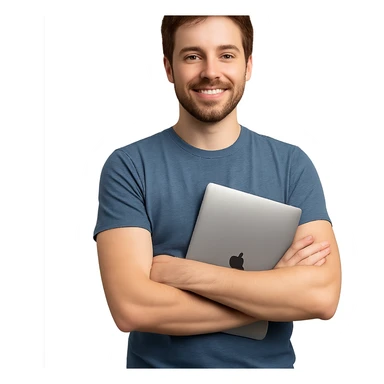 brown-haired web developer, arms crossed, MacBook under arm, friendly look, casual, professional sticker