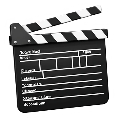 Classic movie clapperboard with traditional black and white striped top part and black base, iOS emoji style sticker