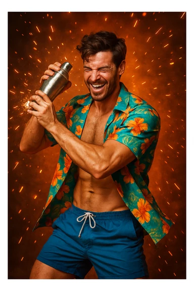 human male Unbuttoned Hawaiian shirt, swim trunks, shaking a cocktail shaker (sparks flying) sticker