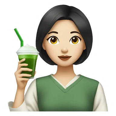 Asian girl with light skin dark hair drinking matcha  sticker