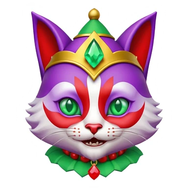 crazy colorful cute little cat jolly joker from poker, medieval, vintage, court jester, mac os icon, purple, gold and red color, half body, emerald green ice eyes. Squared shape as 3D mac os icon, symmetrical sticker