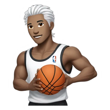 Chinese idol wearing white straps, gray pants and black shirt with white hair, holding a basketball in his right hand sticker