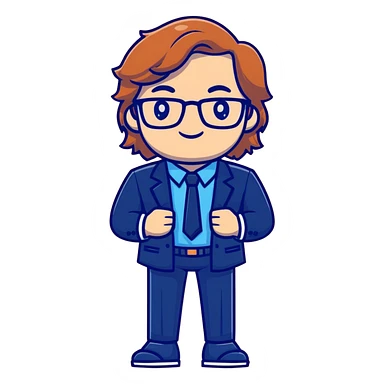 Professional economics channel mascot with shoulder-length wavy light brown hair, rectangular glasses, navy blazer, light blue shirt, empty hands, confident stance sticker