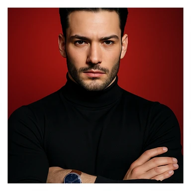 Create a highly stylized ultra-realistic 4K editorial portrait of the person in the reference image. Emphasize sharp features, flawless fair skin, and sleek black hair. The person wears a black turtleneck sweater and stands against a bold red gradient background, confidently crossing arms and showing a stylish wristwatch with a blue dial and brown strap. Use dramatic, cinematic lighting to highlight facial structure, evoking a luxury fashion magazine vibe. Ensure symmetrical composition, minimal background elements, and high detail. sticker
