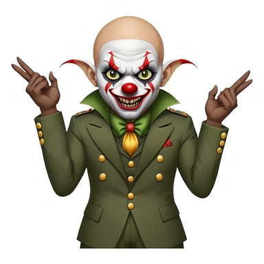 evil clown, bald, short horns from forehead, fangs, pointed ears, black and military green leisure suit, battle-ready fighting posture sticker