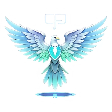 Holographic Falcom in brand color #AAD4C4. It stands proudly with wings slightly lifted in front of touchboard glass screen. A small glowing "REC" button floats next to it. It's confident, energized. There is a J letter on his chest in color #EF7F33. Light holographic outlines and slight neon glow sticker