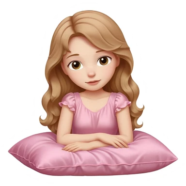 Sleeping beauty pale-skinned girl with light brown wavy hair, resting peacefully on a soft pink silk pillow on her side, wearing a pastel pink dress sticker