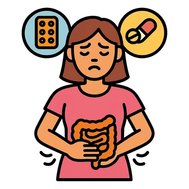 woman with intestinal dysbiosis caused by wrong supplementation, medical infographic style, suffering expression, clinical details, supplement icons, neutral background sticker