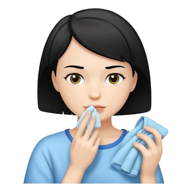 a white woman who has black short hair cleaning her face sticker