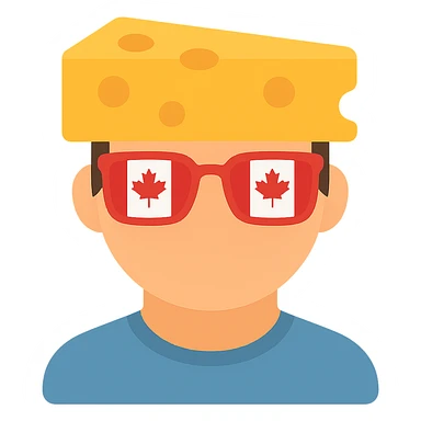 Add color to the icon: yellow cheese block, red and white Canada flag glasses, natural skin tone, simple colored shirt, keep background transparent. sticker
