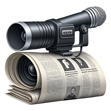 An icon featuring a microphone, a newspaper, a professional camera Nikon D5, representing journalism and mass media. The design includes headlines and imagery, symbolizing the spread of news and information. Transparent background highlights the power of communication and media. sticker