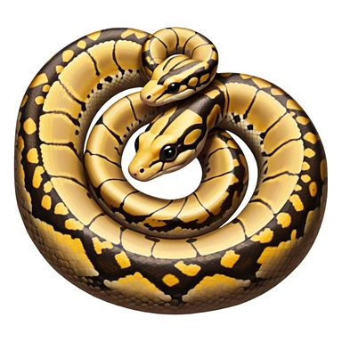 A photo-realistic top-down view of a Ball Python gently coiled into a tight spiral, with its head resting peacefully at the center. Its scales are warm brown with bold, irregular black markings, including the distinctive “alien-head” pattern, flowing smoothly along its body.  sticker