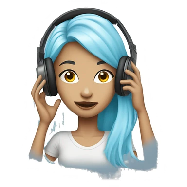 young woman with long light blue hair, listening music, wearing headphones, sticker