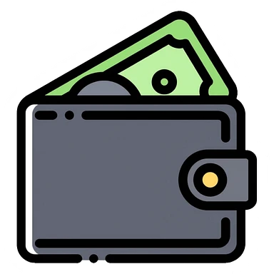 black wallet with one single dollar bill inside, just one dollar sticker