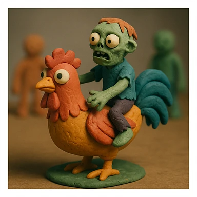 zombie riding a chicken, claymation style sticker