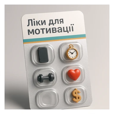 Create an ironic 3D illustration of blister pack tablets in the style of a pharmacy product, but with a satirical twist.
Instead of regular capsules, there should be miniature symbolic objects inside that represent a ‘cure’ for a specific modern problem, condition, or desire.
Title: "Ліки для мотивації". sticker