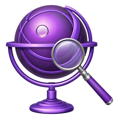 Minimal purple icon: a planet with connecting lines and a magnifying glass. Glossy, transparent background. sticker
