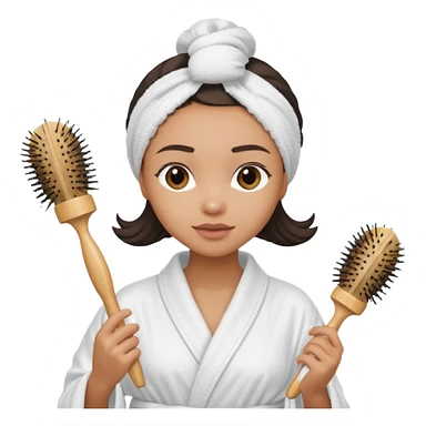 lightskin Women wearing shower robe and their hair with towel holding a brush sticker