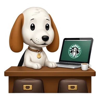 snoopy in a desk with starbucks and his chanel purse sticker