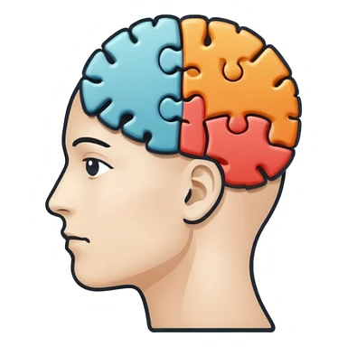Minimalistic flat vector icon, iOS style, thin black contour on white background. Human head profile with a brain inside, split into puzzle pieces. No text, no shadows. sticker