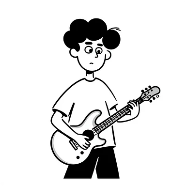A musician holding a guitar, with a worried expression, looking up at the sky, concerned face, furrowed brow, waiting for an opportunity sticker