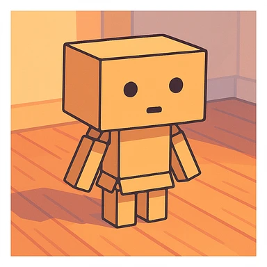 small cardboard robot named Danbo standing alone in the middle of a softly lit room, square head with two round black eyes and a small rectangular mouth, body made of folded cardboard panels, jointed arms and legs, cartoonish style with clean lines and pastel colors, warm wooden flooring, soft shadows, cozy and nostalgic atmosphere sticker