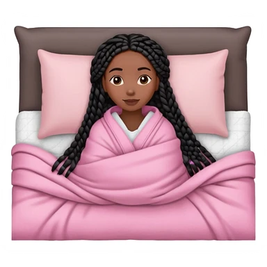 A dark-skinned Black woman with black box braids, lying on her side in bed, wrapped in a blanket, resting on a pink pillow sticker