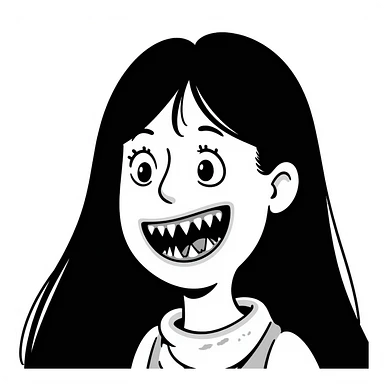 japanese horror style woman with extremely long black hair, pale white face, wide unblinking eyes, and a distorted mouth filled with hundreds of sharp jagged teeth sticker