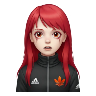Crie um emoji de uma menina zumbi  com o cabelo vermelho longo com uma franja reta casaco de gola alta da adidas sticker