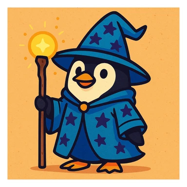 a penguin dressed as a wizard, with a pointy hat and a magic staff, in a fun and whimsical style sticker