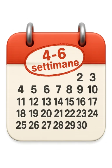 foglio di calendario con le date scritte, con timbro rosso con la scritta "4-6 settimane" sopra, stile emoji iphone, iperrealistico 4k sticker