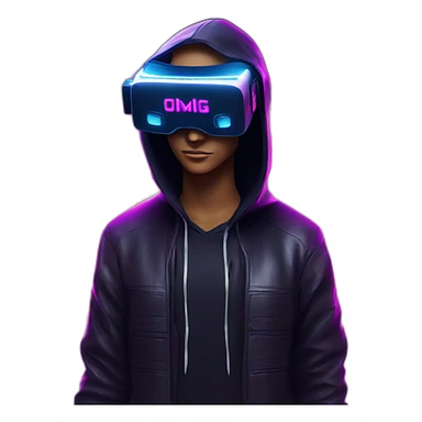 Donald Trump wearing a black hoodie with "OMG" letters on it and VR headset in a cyberpunk VR environment with violet neon lighting. sticker
