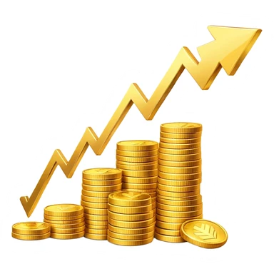 upward arrow next to gradually increasing stacks of gold coins, showing progression sticker