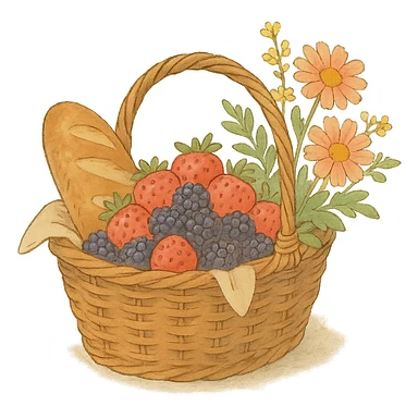 picnic basket with berries, bread, and flowers in warm pastel shades, soft Ghibli style sticker