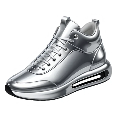 A pair of futuristic sneakers emoji made of silver chrome, sleek streetwear design, smooth metallic panels, subtle reflections, luxury swag aesthetic, iOS emoji style, centered, clean white background sticker