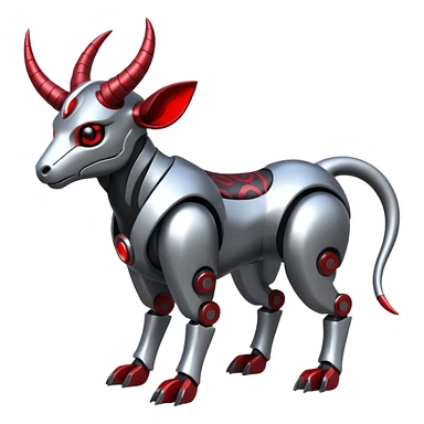 Futuristic mechanical cyborg horned modern badass cool shiny metallic alloy silver-grey black crimson-red white animal hybrid Fakemon full body with intricate patterns sticker