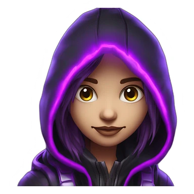 Girl developer behind his laptop with this style : Crytek Crysis Video game neon glowing bright purple character purlple black hooded hacker themed character sticker