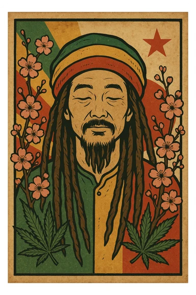 Vintage poster of an Asian Rasta with long dreadlocks, peaceful eyes, and a red-gold-green tam. Surrounded by cherry blossoms and ganja leaves. Background blends Rasta colors into an Asian flag (e.g., red sun from Japan or Chinese star). Retro reggae fusion vibe, with bold lines and aged paper texture.
 sticker