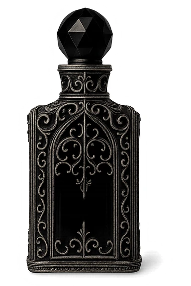 gothic perfume bottle, black glass with silver filigree, no background sticker