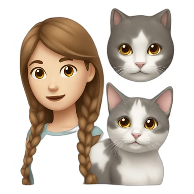 a girl with brown hair, a white cat and a gray cat sticker