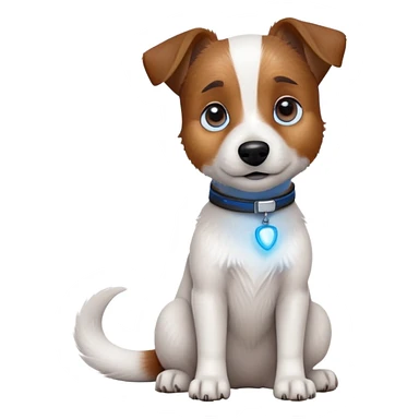 cinematic-[jack russel]-realistic-full-body-sitting-emoji,-tail-resting-loosely-beside-its-paws,blue eyes-head-tilted-dramatically, -scruffy-[brown and white]-fur,-simplified-yet-realistic-focused-features,-highly-detailed,-glowing-with-an-almost-sarcastic-glow sticker
