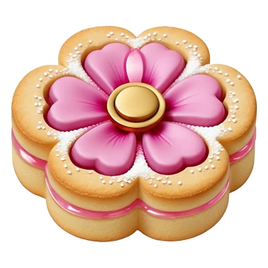 Realistic shortbread cookie in the shape of a camilia flower with pastel pink color jelly middle filling andkled powder sugar on top.emoj sprini sticker