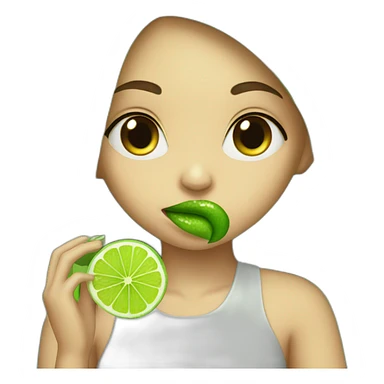 girl with green lips eating a lime sticker