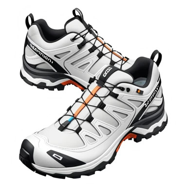Pair of white Salomon XT-6 Gore-Tex shoes arranged with one slightly behind the other, iOS emoji style with simplified details, technical white hiking shoes with characteristic Quicklace system sticker